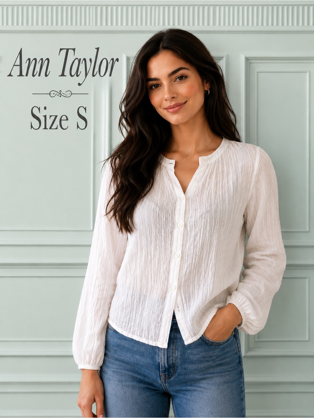 Ann Taylor White Crinkle Button Front Blouse Size Small Long Sleeve - Picture 1 of 10